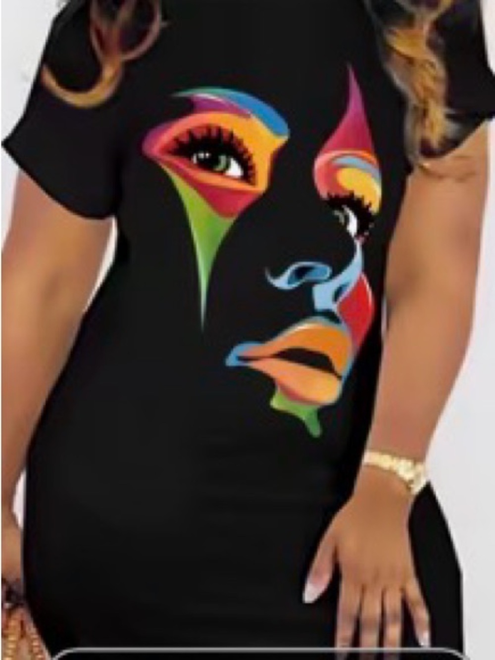 Black Graphic Face Print Tee Dress - Vibrant Multi-Color Size 2XL